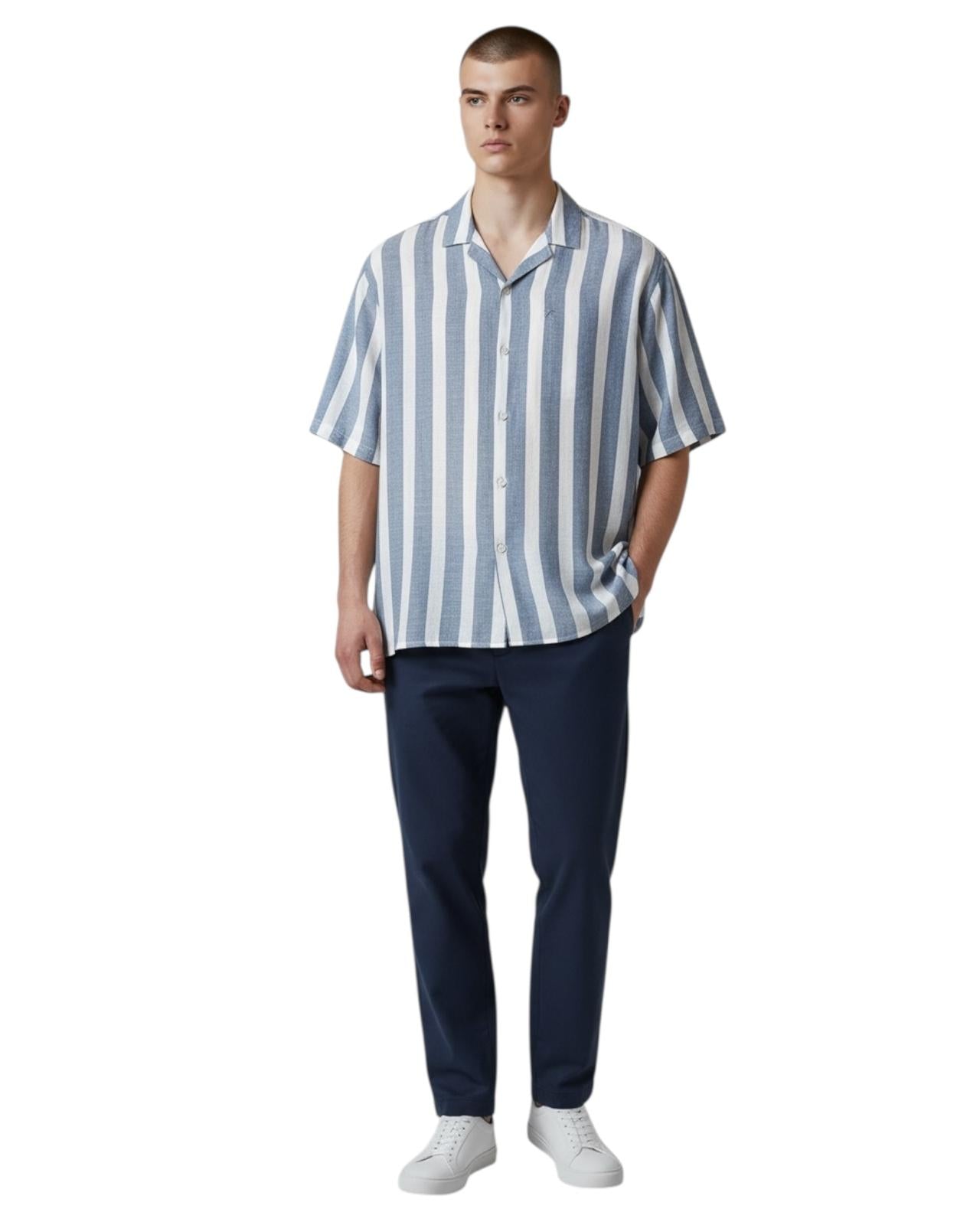 Indicode Jeans Camisa Manga Corta de Lino Copen Blue